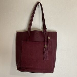 LADIVA Leather Tote Bag Burgundy with Tassels